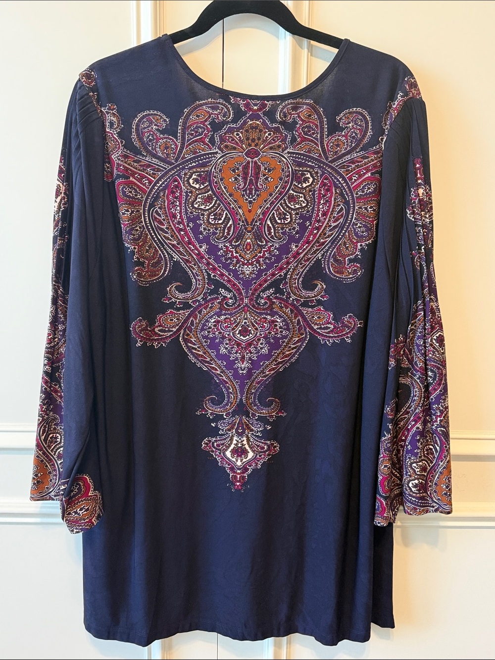 Citiknits Paisley-Print V-Neck Tunic in Navy with Pink & Purple Accents - Picture 4 of 6